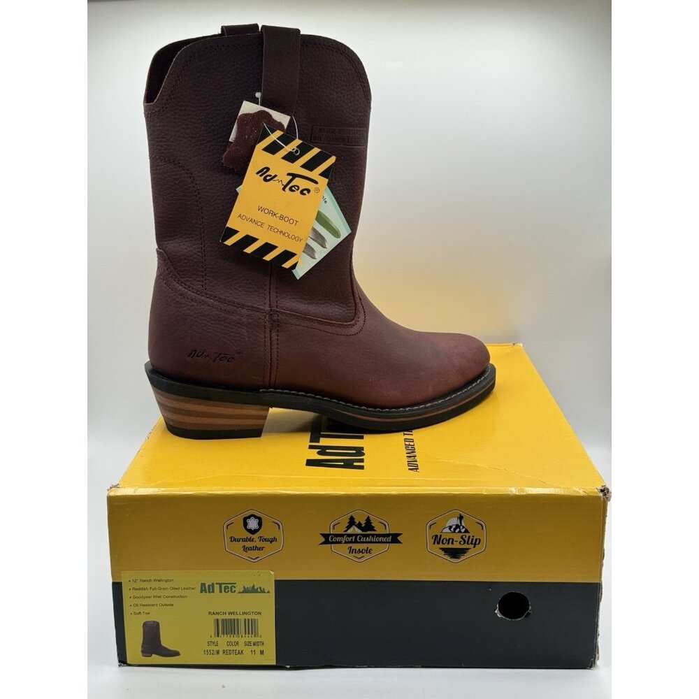 Adtec Men's Ranch Wellington Western Work Boots Brow Genuine Leather 11 M New - Picture 9 of 16
